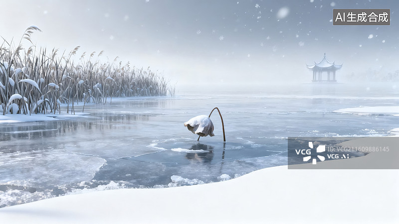 【AI数字艺术】冬日荷塘残荷雪景图片素材
