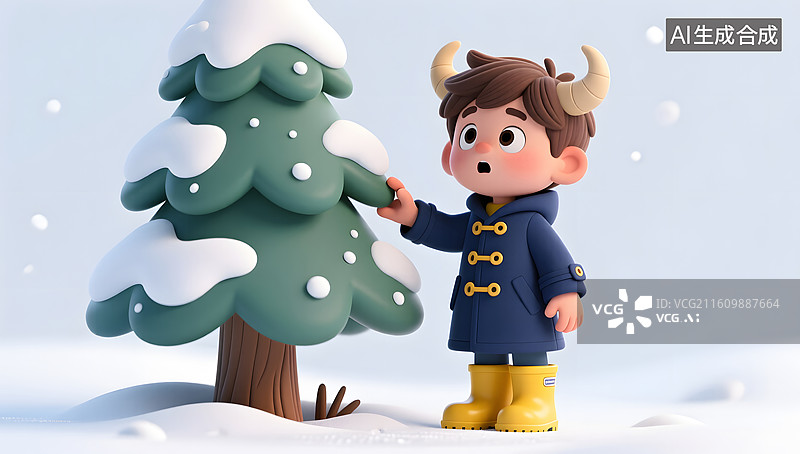 【AI数字艺术】好奇男孩在松树旁轻触积雪图片素材