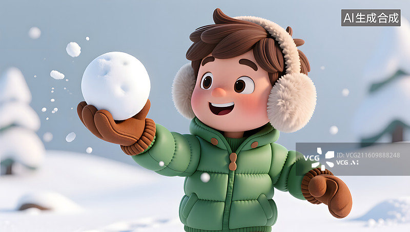 【AI数字艺术】淘气男孩手拿雪球准备打雪仗图片素材