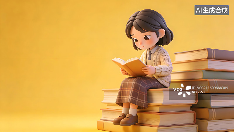 【AI数字艺术】文静女学生坐书堆专注阅读图片素材