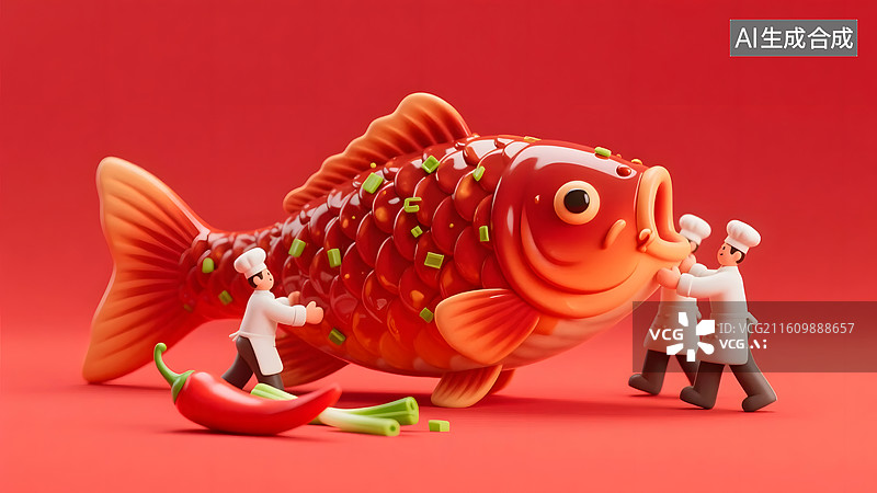 【AI数字艺术】年年有余小人搬运红烧鱼场景图片素材