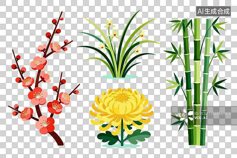 【AI数字艺术】卡通风格，梅兰竹菊四君子PNG格式的免扣元素图片素材