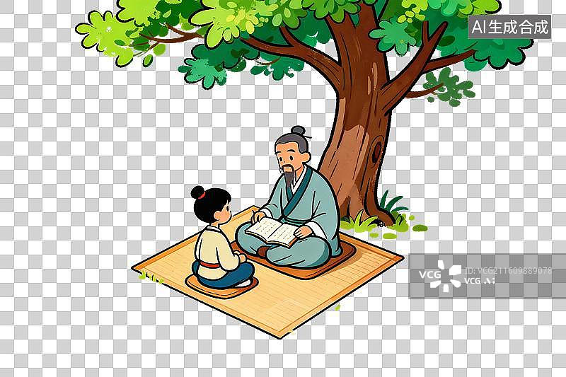 【AI数字艺术】卡通风格，树下，古代老师教育学生PNG格式的免扣元素图片素材