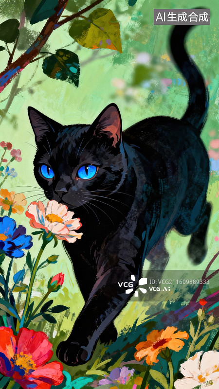 【AI数字艺术】黑猫在花丛中行走图片素材