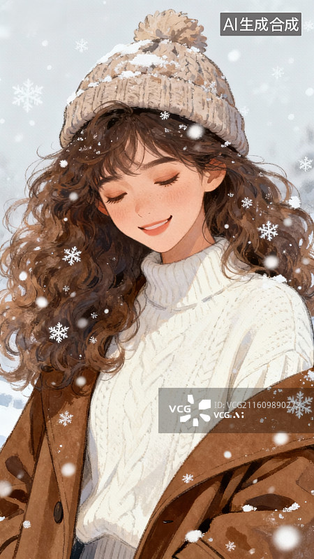 【AI数字艺术】雪中微笑的少女图片素材