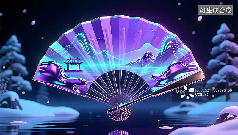 【AI数字艺术】悬浮中式扇面冬季夜景视觉震撼图片素材