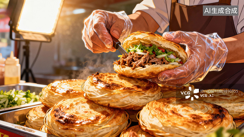 【AI数字艺术】摊贩制作烤肉夹饼图片素材