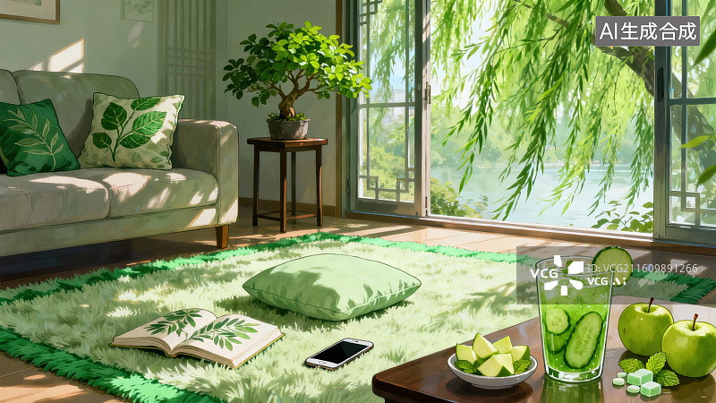 【AI数字艺术】阳光客厅中的绿色休闲时光图片素材