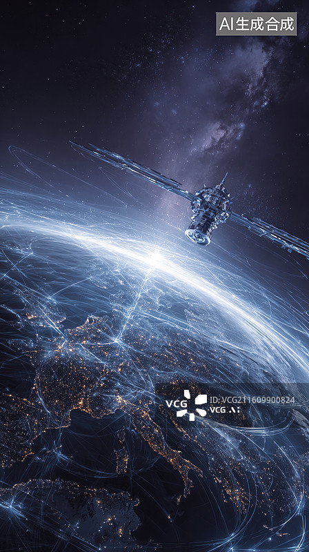 【AI数字艺术】卫星环绕地球的太空景象图片素材