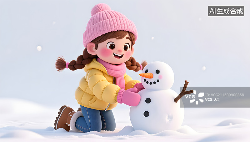 【AI数字艺术】可爱女孩在雪地堆雪人开心微笑图片素材