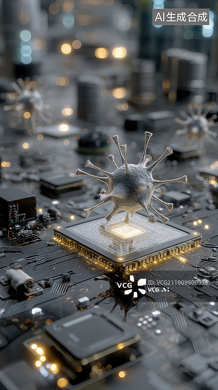 【AI数字艺术】病毒模型置于电路板之上图片素材