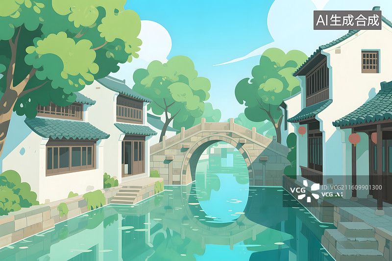 【AI数字艺术】江南水乡古镇插画图片素材