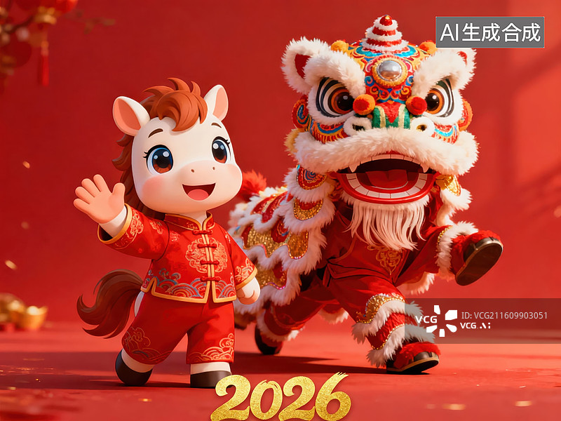 【AI数字艺术】2026年生肖马与舞狮庆祝图片素材