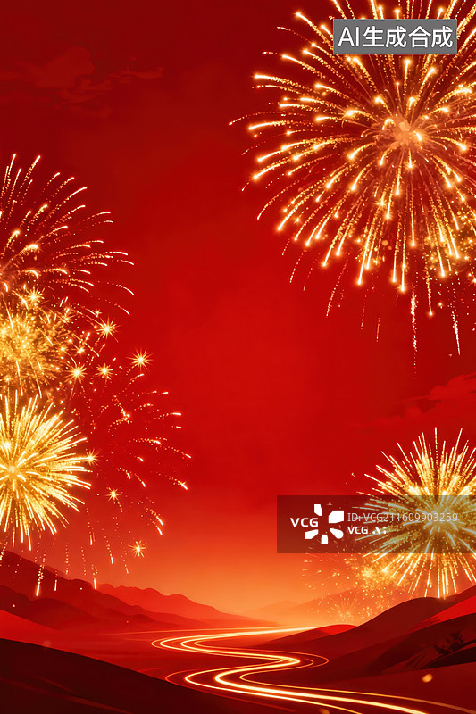 【AI数字艺术】红色夜空中的烟花绽放图片素材