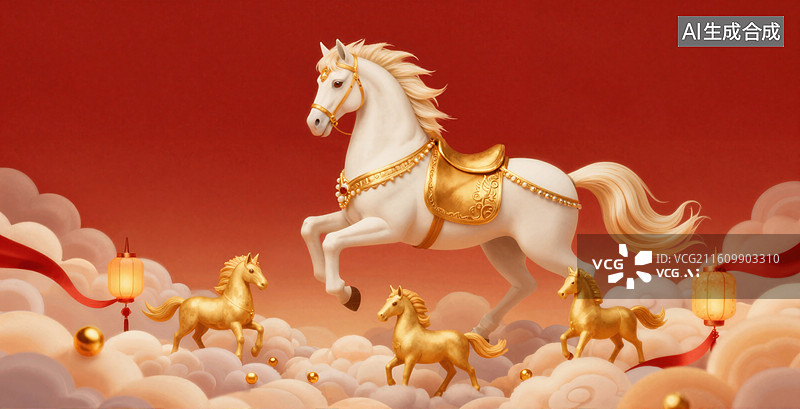 【AI数字艺术】马年春节祥瑞骏马云间飞驰图片素材