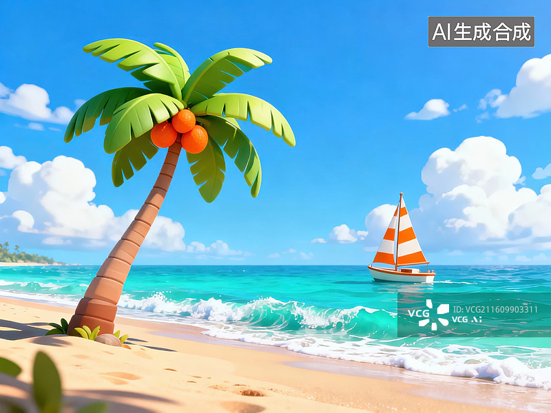 【AI数字艺术】热带海滩椰树与帆船图片素材