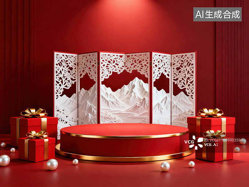 【AI数字艺术】红色节日场景与礼品展示图片素材