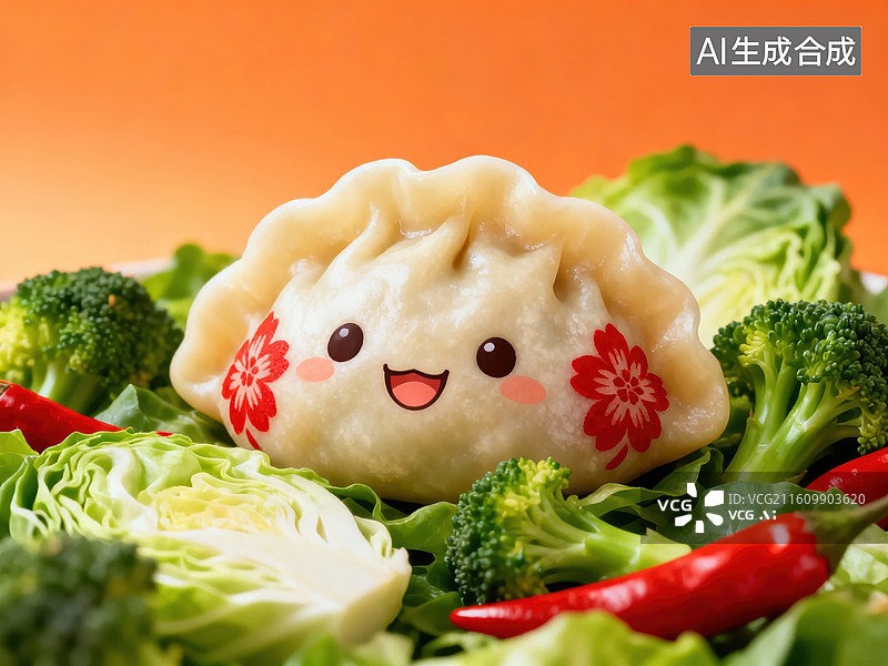 【AI数字艺术】卡通饺子配蔬菜摆盘图片素材