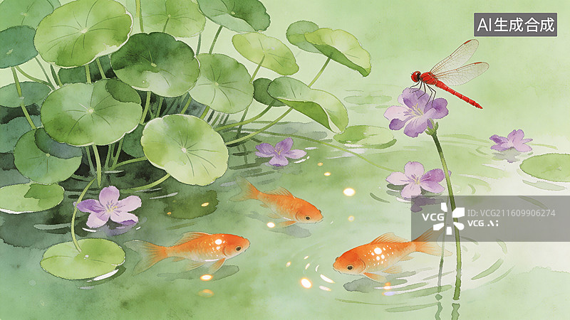 【AI数字艺术】池塘金鱼与蜻蜓的宁静画面图片素材