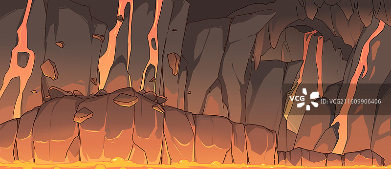 插画二次元原画风火山和洞穴仰视看岩石岩浆火焰炎热图片素材