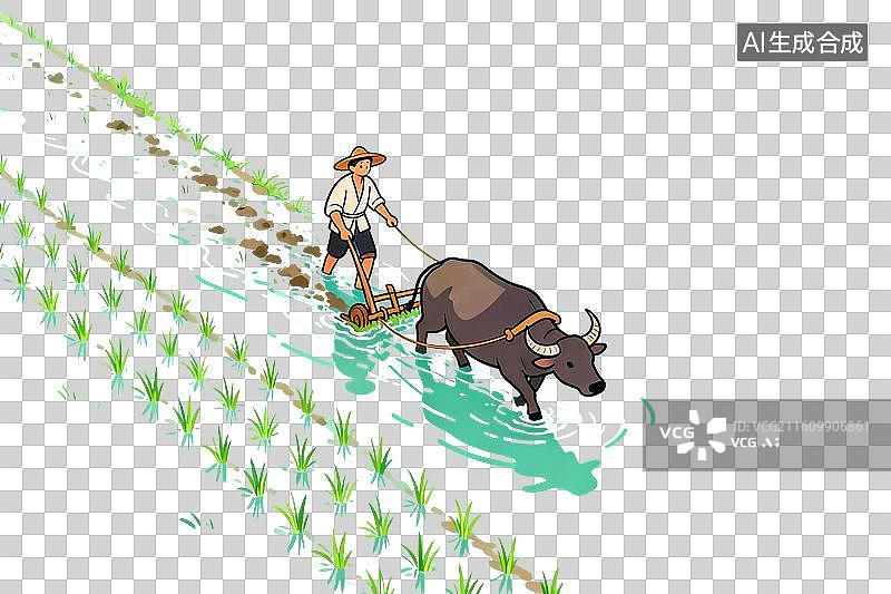 【AI数字艺术】卡通风格，农民牵着水牛在水田中犁地PNG格式的免扣元素图片素材