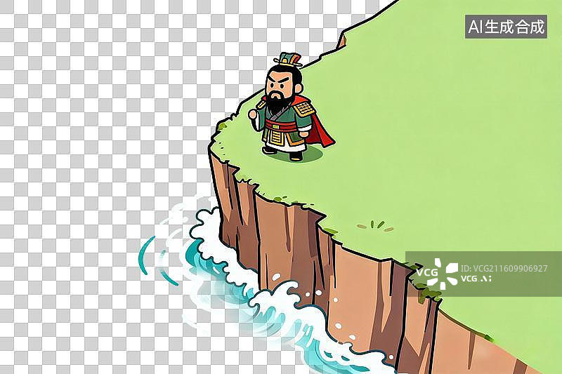 【AI数字艺术】卡通风格，站在悬崖峭壁上的历史人物，曹操PNG格式的免扣元素图片素材