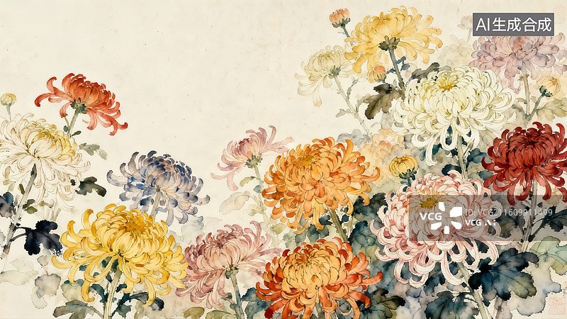 【AI数字艺术】水彩淡雅菊花，花卉植物背景图图片素材