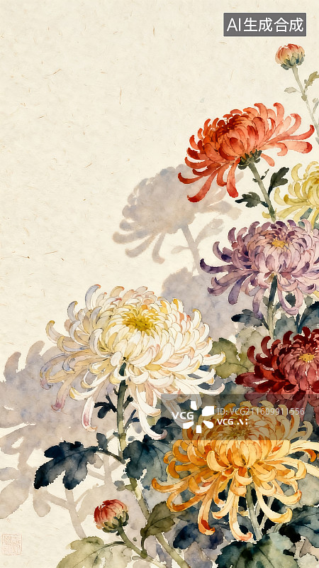 【AI数字艺术】水彩淡雅菊花，花卉植物背景图图片素材