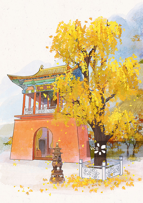 秋天宫殿钟楼寺庙香炉银杏树风景图片素材