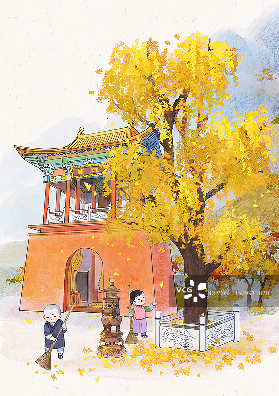 秋天宫殿钟楼寺庙银杏树小和尚儿童扫落叶风景图片素材