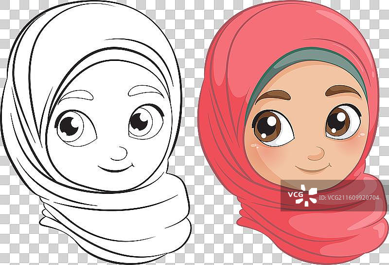 彩色版和轮廓版微笑的女孩图片素材