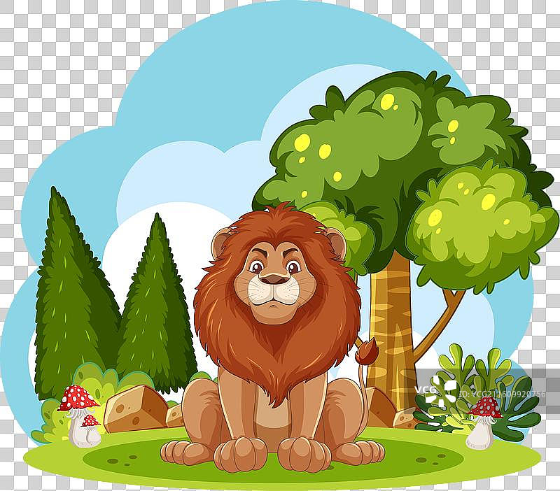 一只狮子坐在一片茂密的森林里图片素材