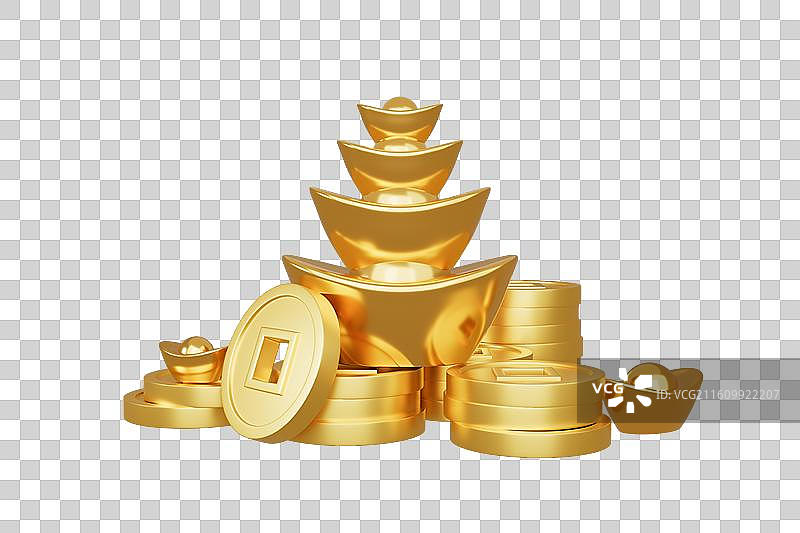 金币元宝堆透明底三维模型渲染图图片素材
