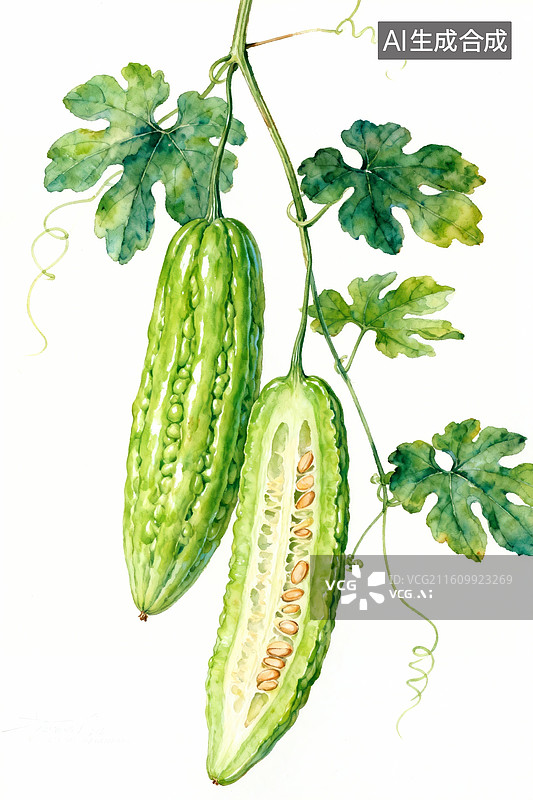 【AI数字艺术】苦瓜藤插画，成熟的苦瓜色泽诱人，鲜嫩，写实风格图片素材