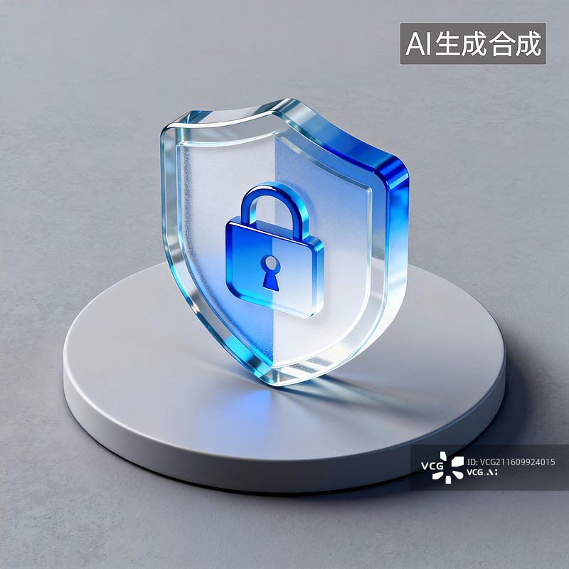 【AI数字艺术】玻璃盾牌与锁图标安全概念图片素材