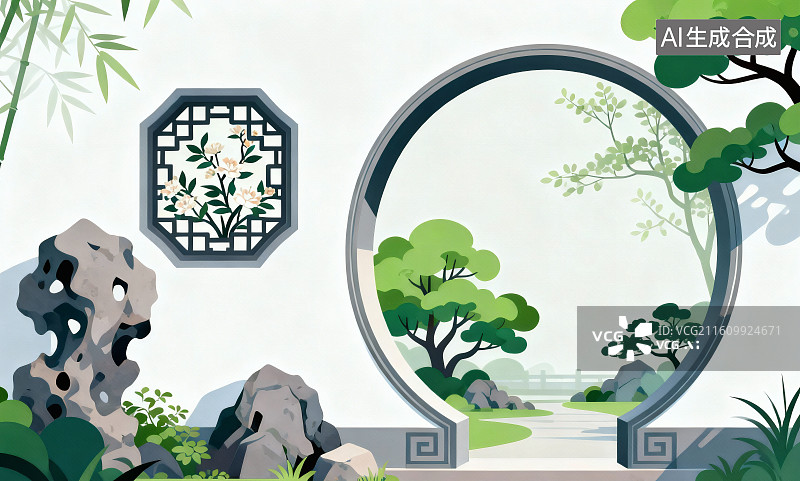 【AI数字艺术】卡通风格，传统中式园林建筑，拱门旁的太湖石图片素材