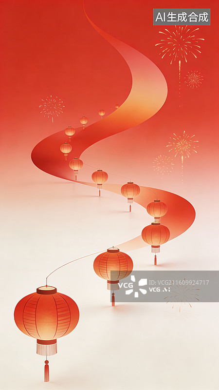 【AI数字艺术】红灯笼与烟花的节日场景图片素材