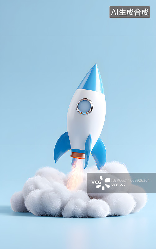 【AI数字艺术】一颗蓝色的小火箭飞上天空图片素材