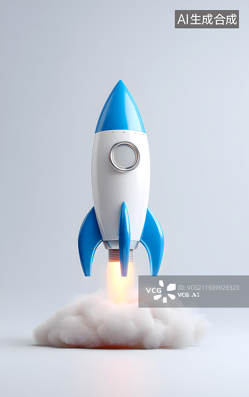 【AI数字艺术】一颗蓝色的小火箭飞上天空图片素材