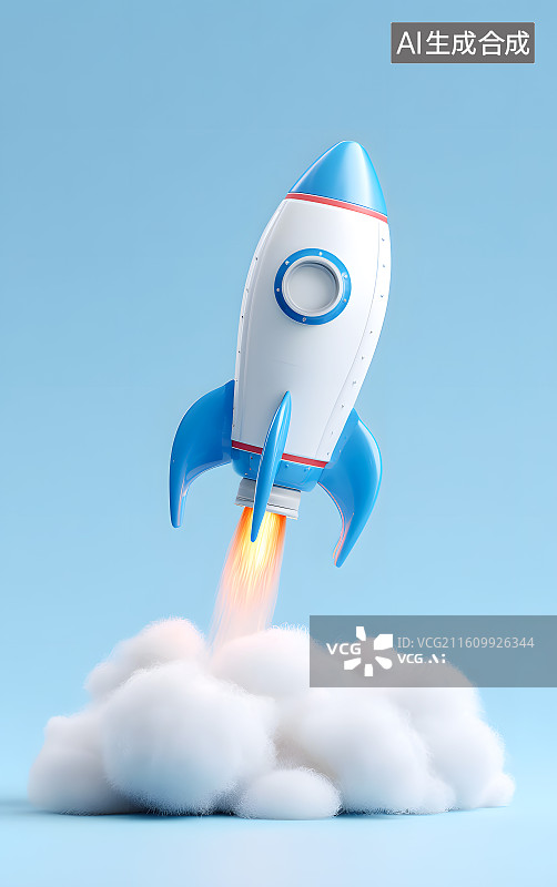 【AI数字艺术】一颗蓝色的小火箭飞上天空图片素材