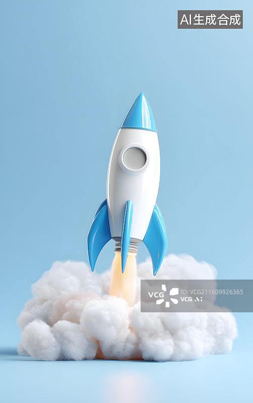 【AI数字艺术】一颗蓝色的小火箭飞上天空图片素材