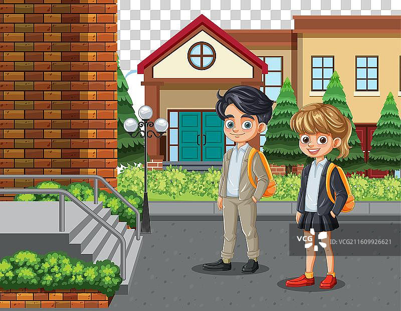 两个孩子站在一栋教学楼外面图片素材