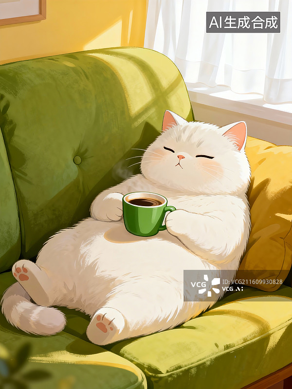 【AI数字艺术】插画，萌萌哒胖嘟嘟小白猫慵懒的坐躺在果绿色沙发上，手里捧着一个绿色咖啡杯，温馨室内场景图片素材