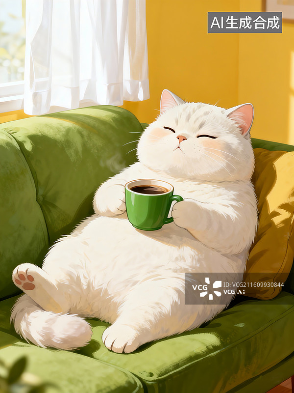 【AI数字艺术】插画，萌萌哒胖嘟嘟小白猫慵懒的坐躺在果绿色沙发上，手里捧着一个绿色咖啡杯，温馨室内场景图片素材