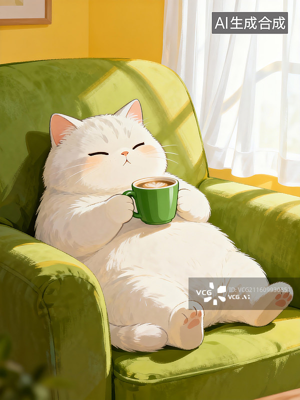 【AI数字艺术】插画，萌萌哒胖嘟嘟小白猫慵懒的坐躺在果绿色沙发上，手里捧着一个绿色咖啡杯，温馨室内场景图片素材