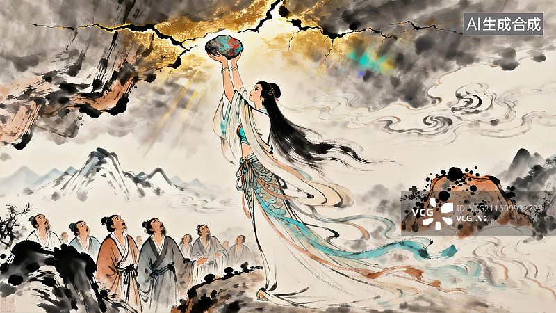 【AI数字艺术】女娲补天-中国古典工笔画风格神话传说寓言故事插画图片素材
