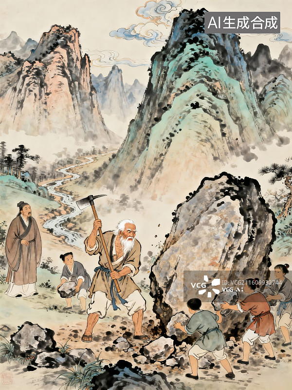 【AI数字艺术】愚公移山-中国古典工笔画风格寓言故事插画图片素材