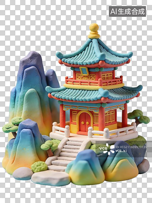 【AI数字艺术】3D粘土国风中式山脉和古代亭子图片素材