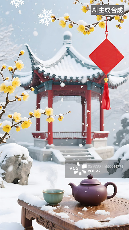 【AI数字艺术】AIGC：雪中的中式凉亭和庭院中桌子上的茶壶茶杯，场景背景图片素材