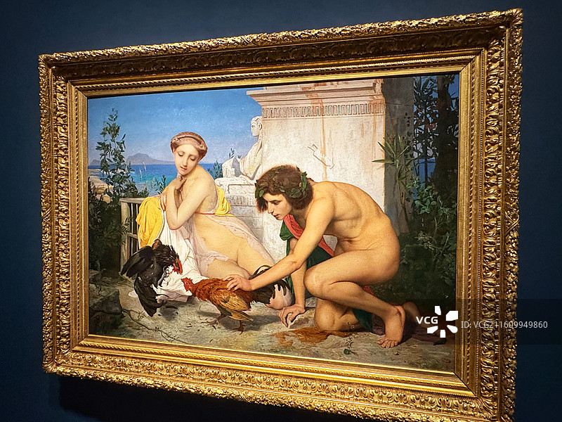 法国巴黎奥赛美术馆藏让-莱昂·热罗姆油画玩斗鸡的希腊年轻人图片素材